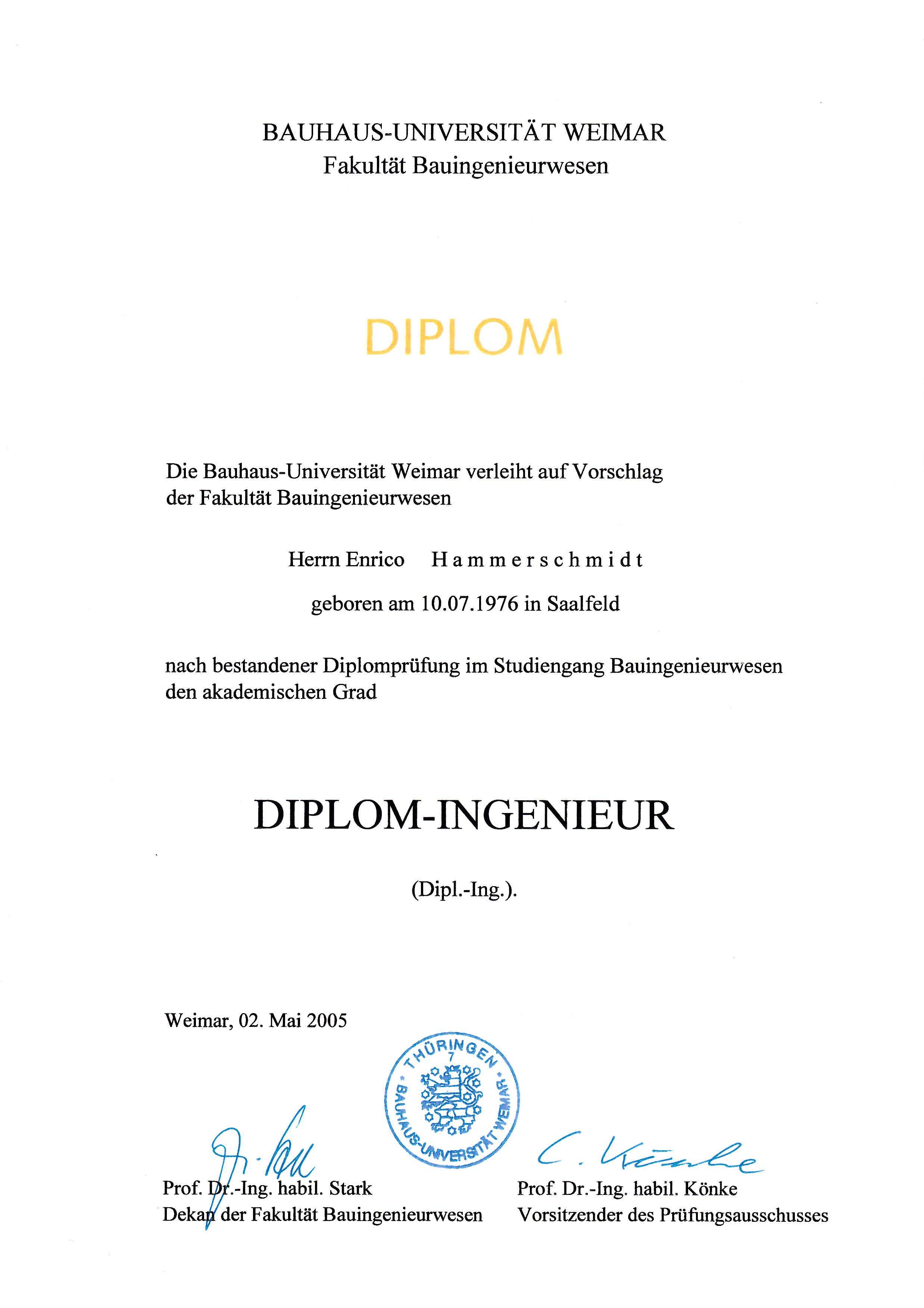 Zertifikat Diplom Ingenieur